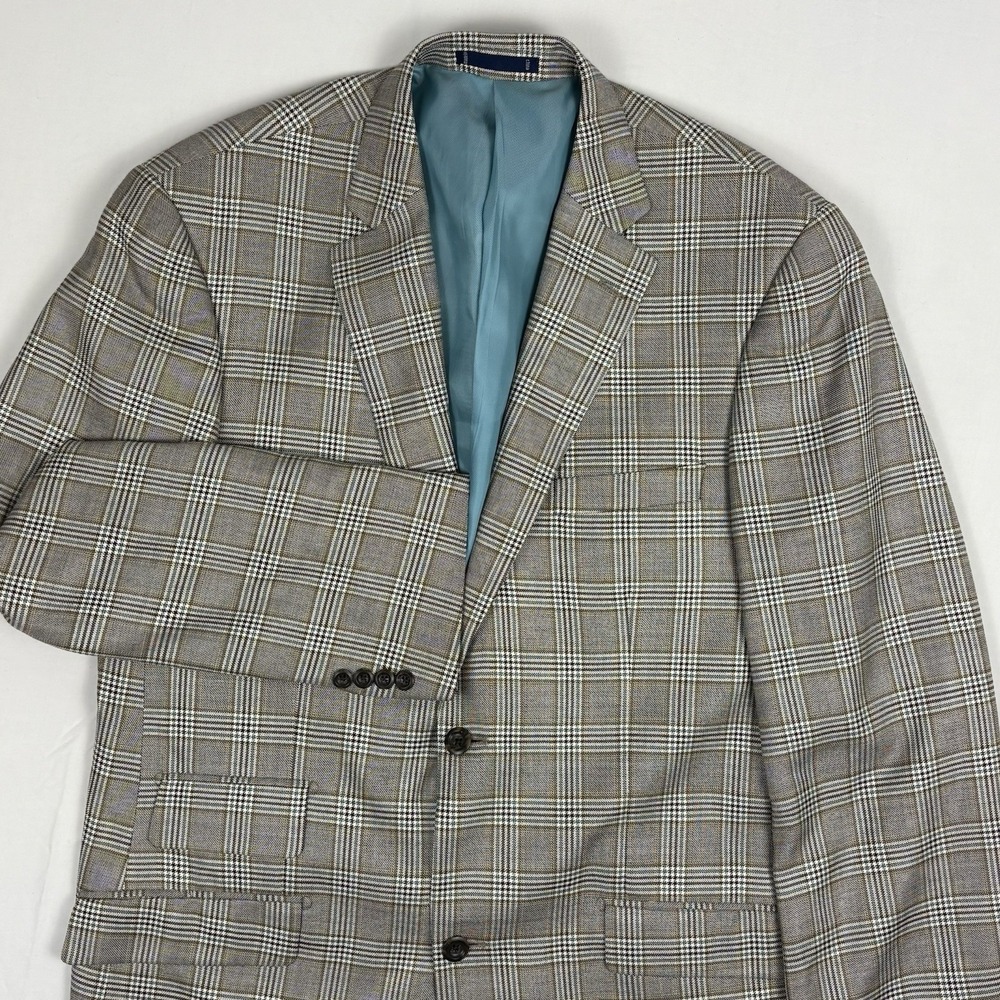 Paul Fredrick Silk/Wool Glen Plaid Ticket Pocket Sport Coat 43L Taupe/Teal Check